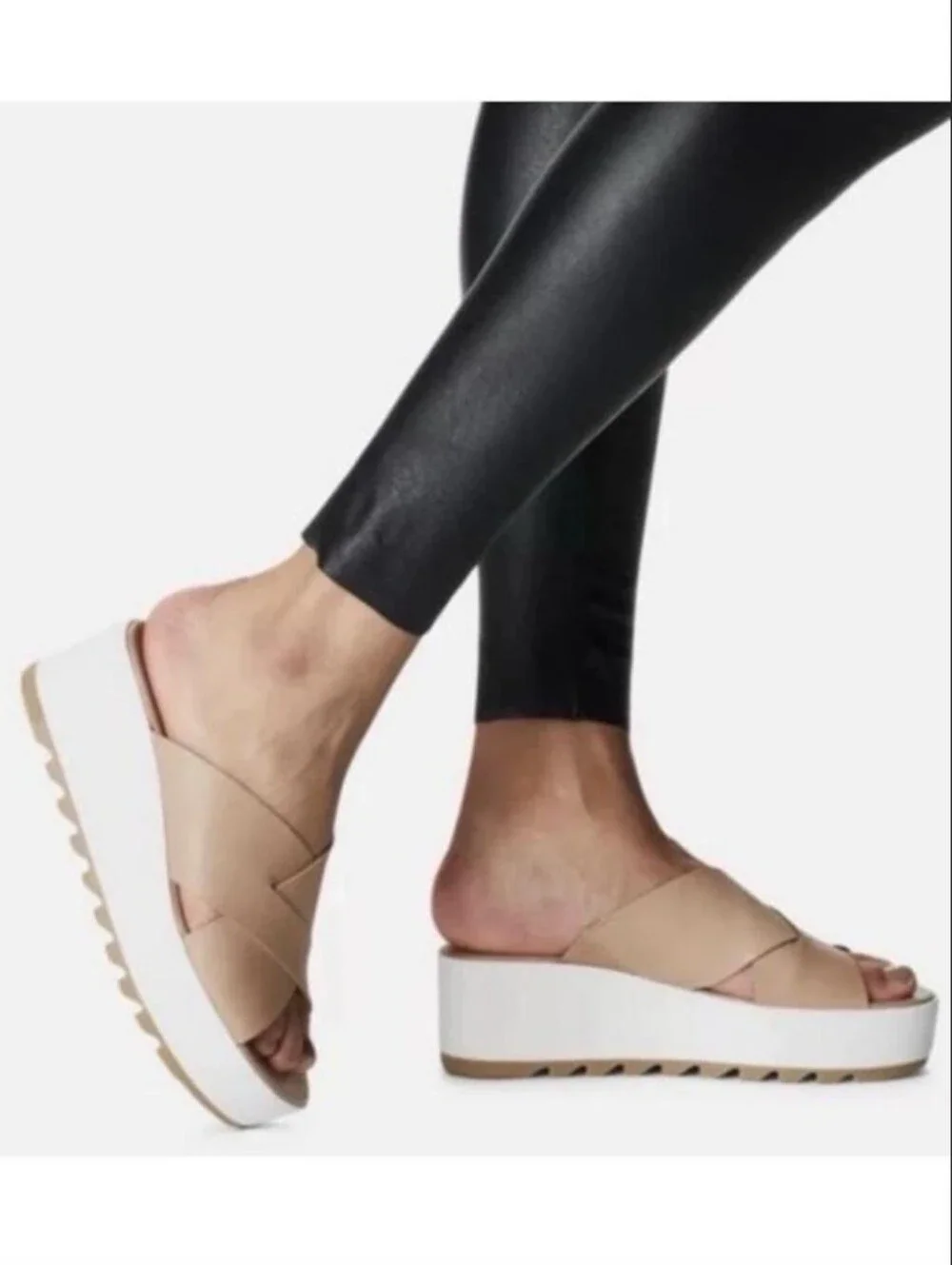 Sorel Cameron Flatform Sandal Honest Beige Leather Crossover Slide Size 8.5